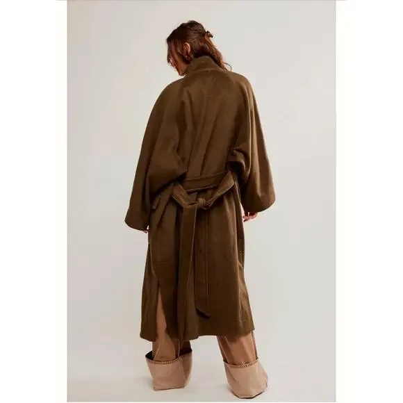 Free People Relaxed Fit Alma Longline Duffle Coat in Olive Oversized XS/ S NWT